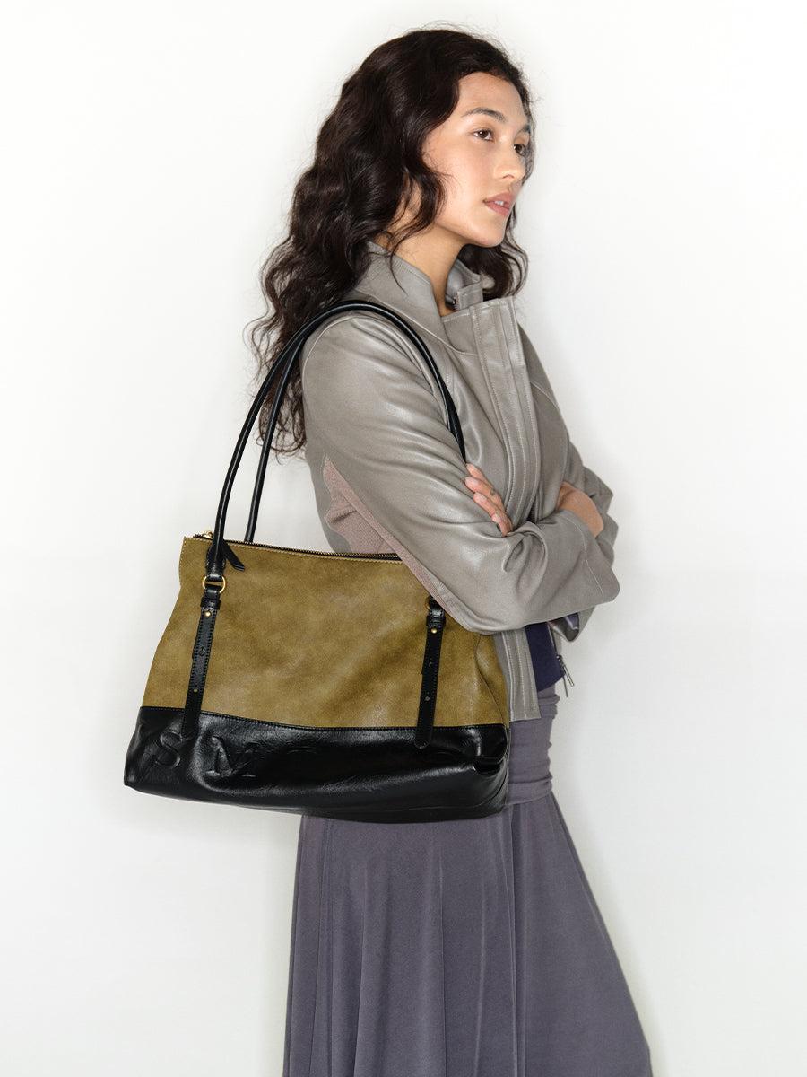 Color-blocked vintage tote bag