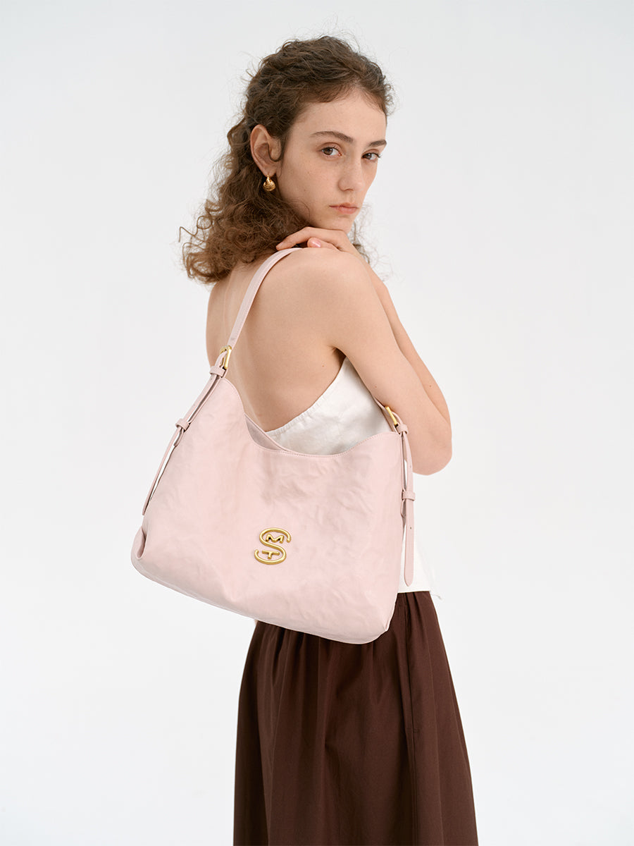 Wrinkled large-capacity shoulder bag