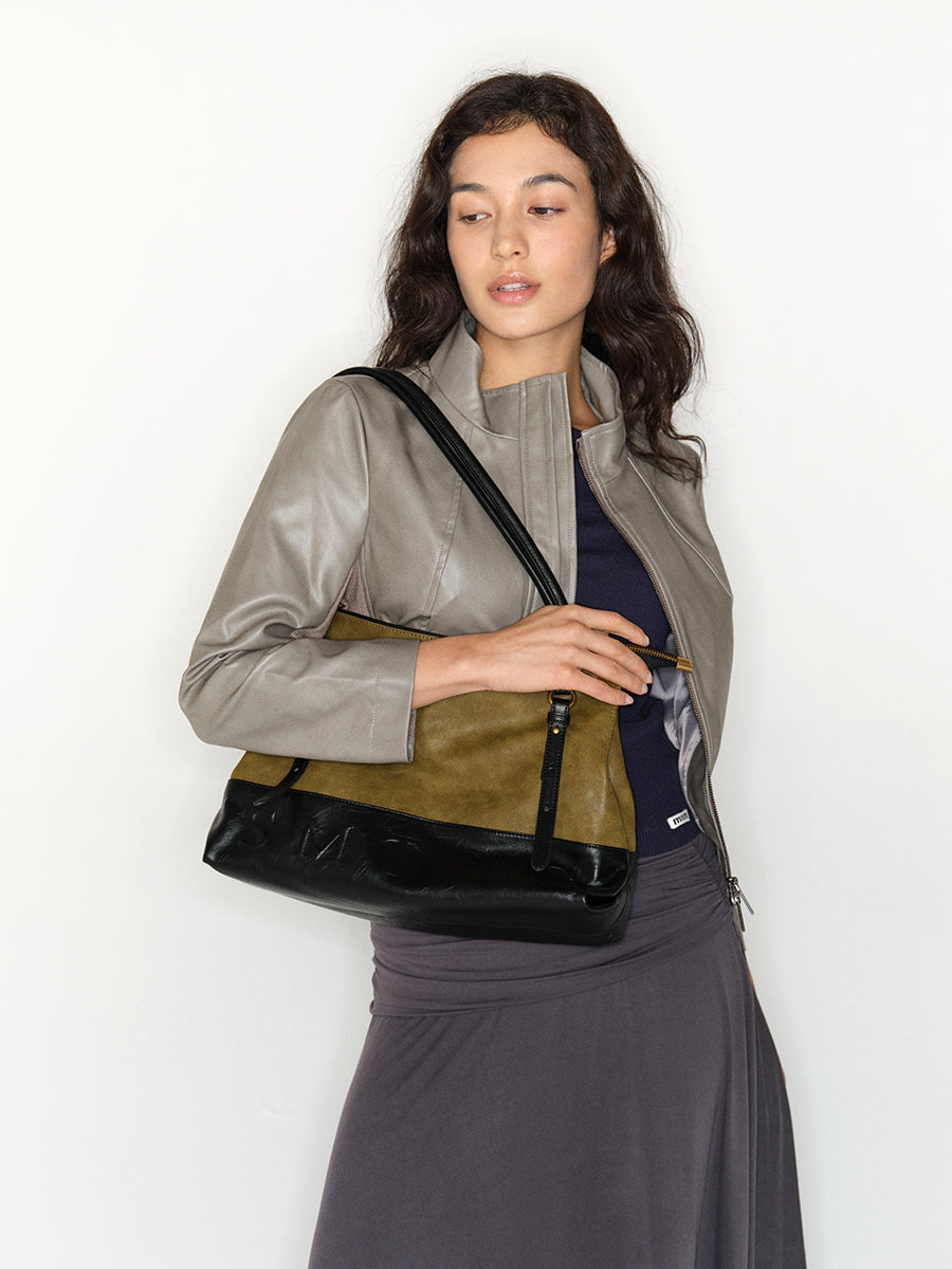 Color-blocked vintage tote bag