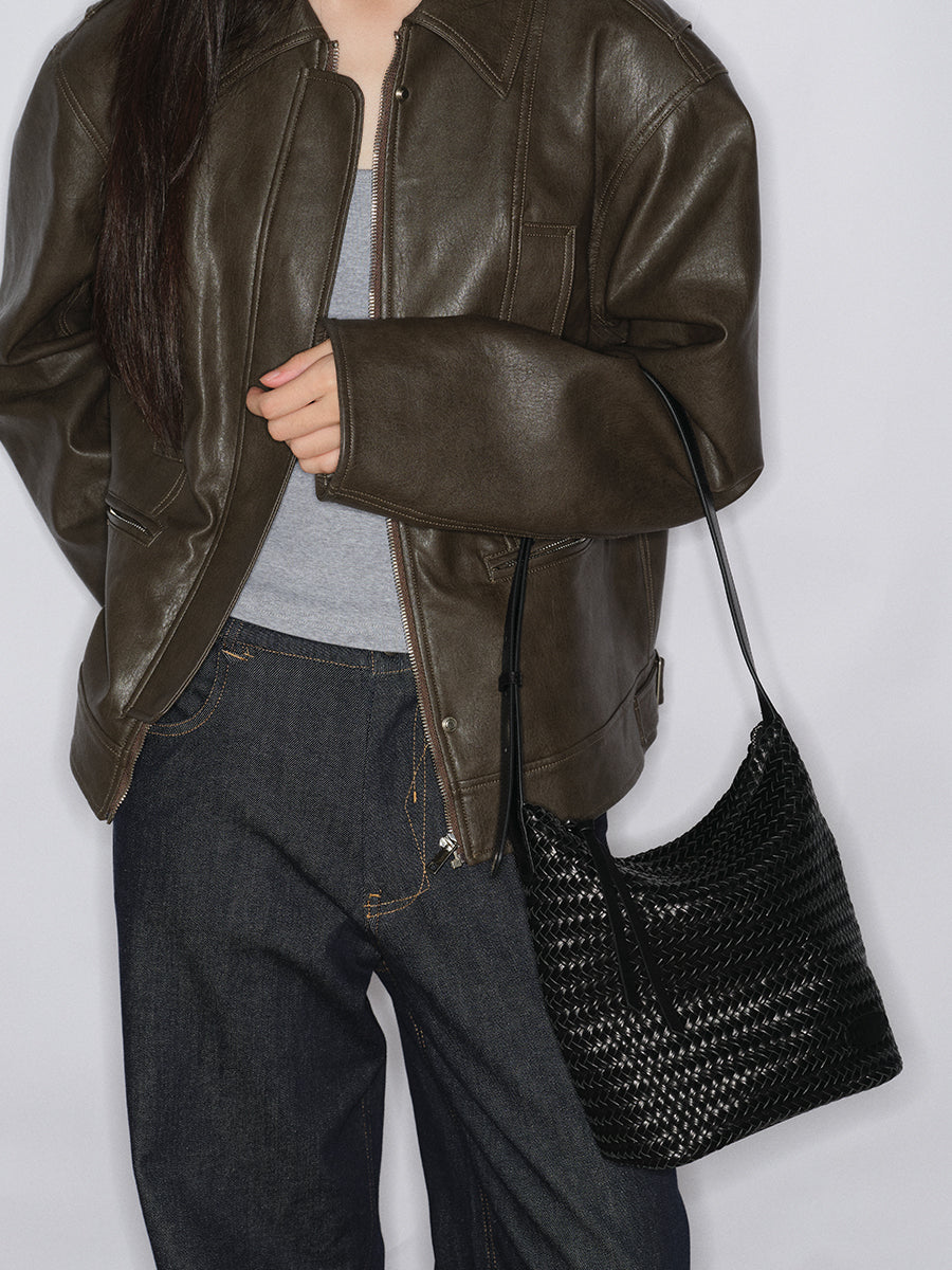 Top-grain Leather Woven Bag
