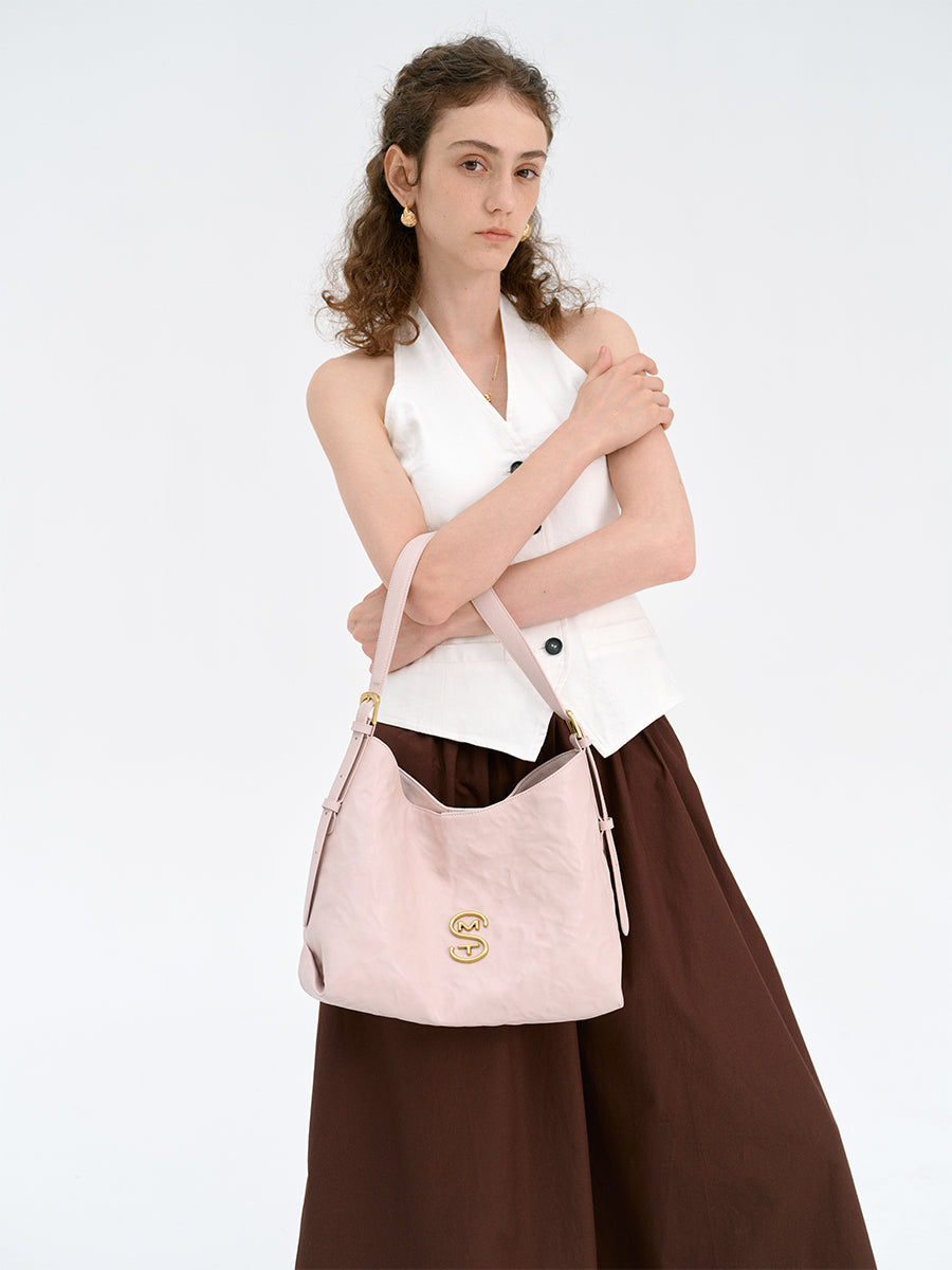 Wrinkled large-capacity shoulder bag